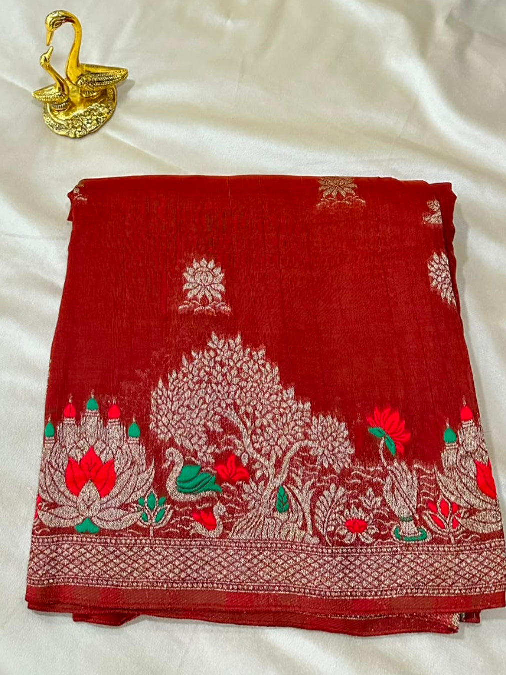 Matka Tussar Silk Rust Brown with Gold Zari & Multicolor Border | Glow & Glitter Boutique