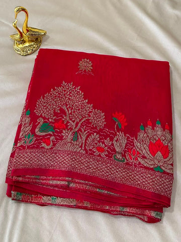 Matka Tussar Silk Cherry Red Shade With Gold Zari & Multicolor Border | Glow & Glitter Boutique