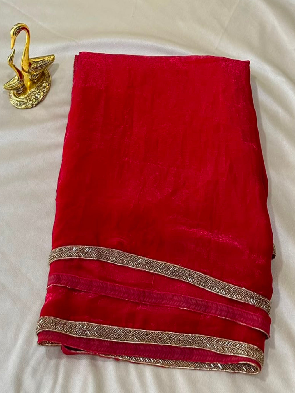 Shimmer Silk Saree Red Shade with Antique Gold Zari Border | Glow & Glitter Boutique