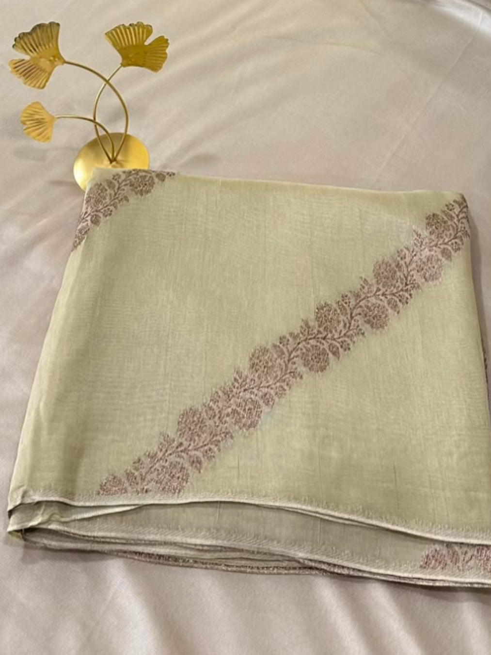 Matka Tussar silk Ivory Cream with Antique Silver Zari Border | Glow & Glitter Boutique