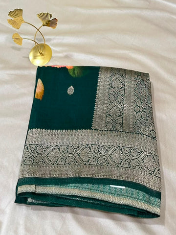 Banaras Digital Silk Saree Emerald Green with Gold Zari Border | Glow & Glitter Boutique