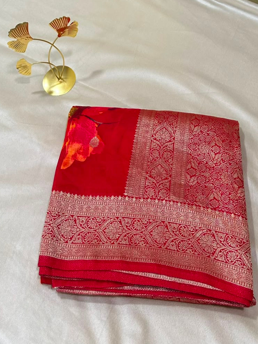 Banaras digital silk saree Red Color With Gold Zari Border | Glow & Glitter Boutique