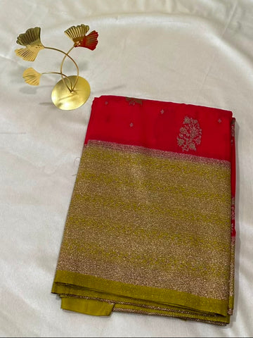 Banaras Georgette Silk Saree Bright Red with Antique Gold Zari Border | Glow & Glitter Boutique