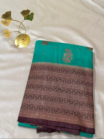 Banaras Georgette Silk Saree Turquoise Blue with Antique Copper Zari Border  | Glow & Glitter Boutique
