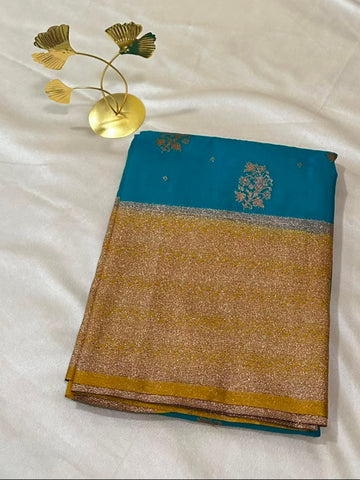 Banaras Georgette Silk Saree Teal Blue with Antique Gold Zari Border | Glow & Glitter Boutique