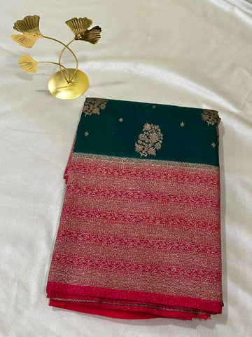 Banaras Georgette Silk Saree Bottle Green with Rani Pink Zari Border | Glow & Glitter Boutique