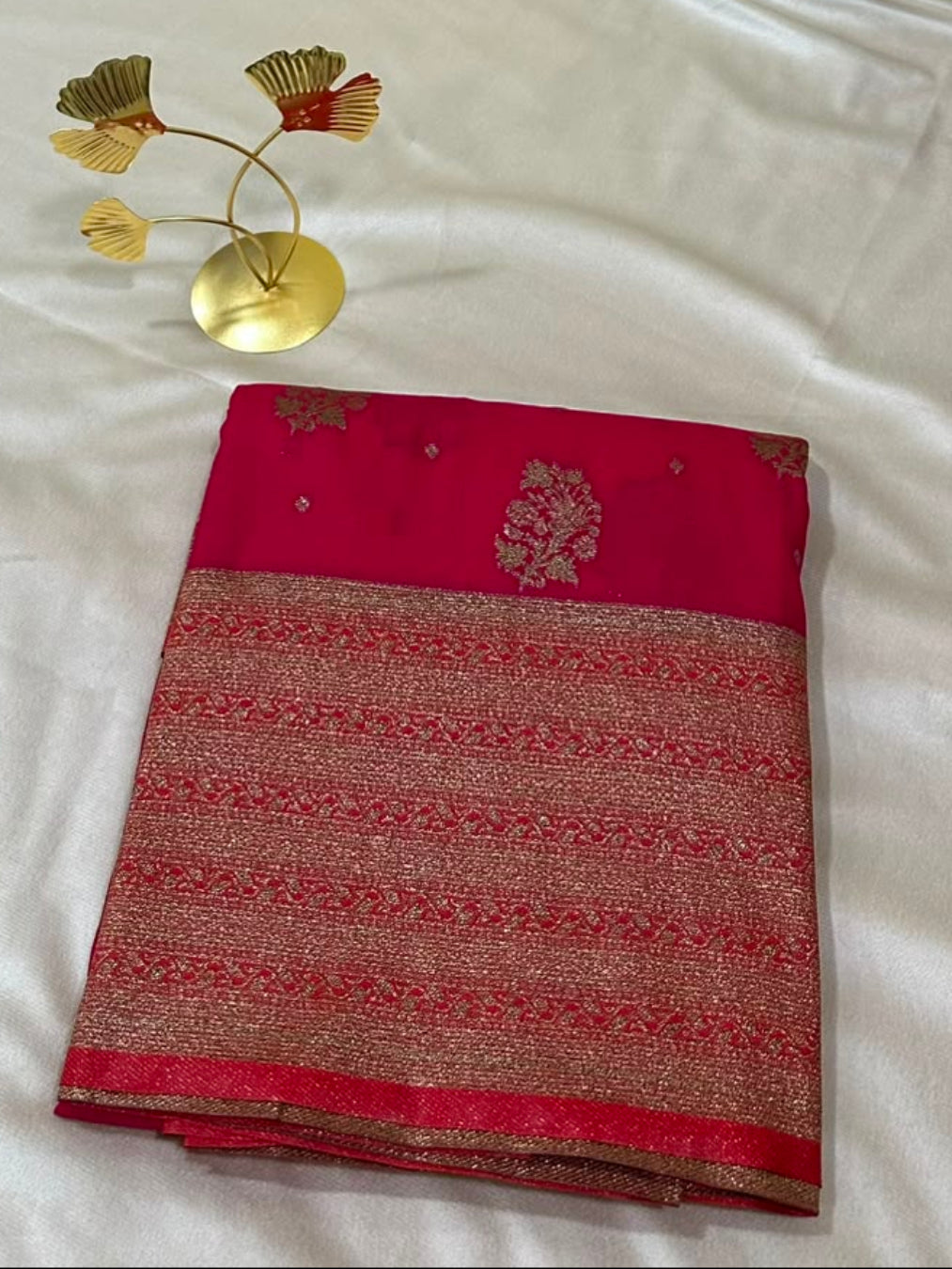 Banaras Georgette Silk Saree Cerise Pink with Antique Gold Zari Border | Glow & Glitter Boutique
