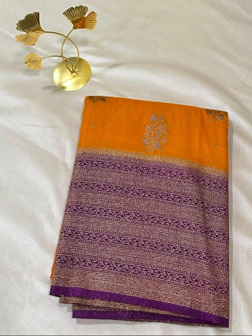 Banaras Georgette Silk Saree Mustard Yellow with Purple Zari Border | Glow & Glitter Boutique