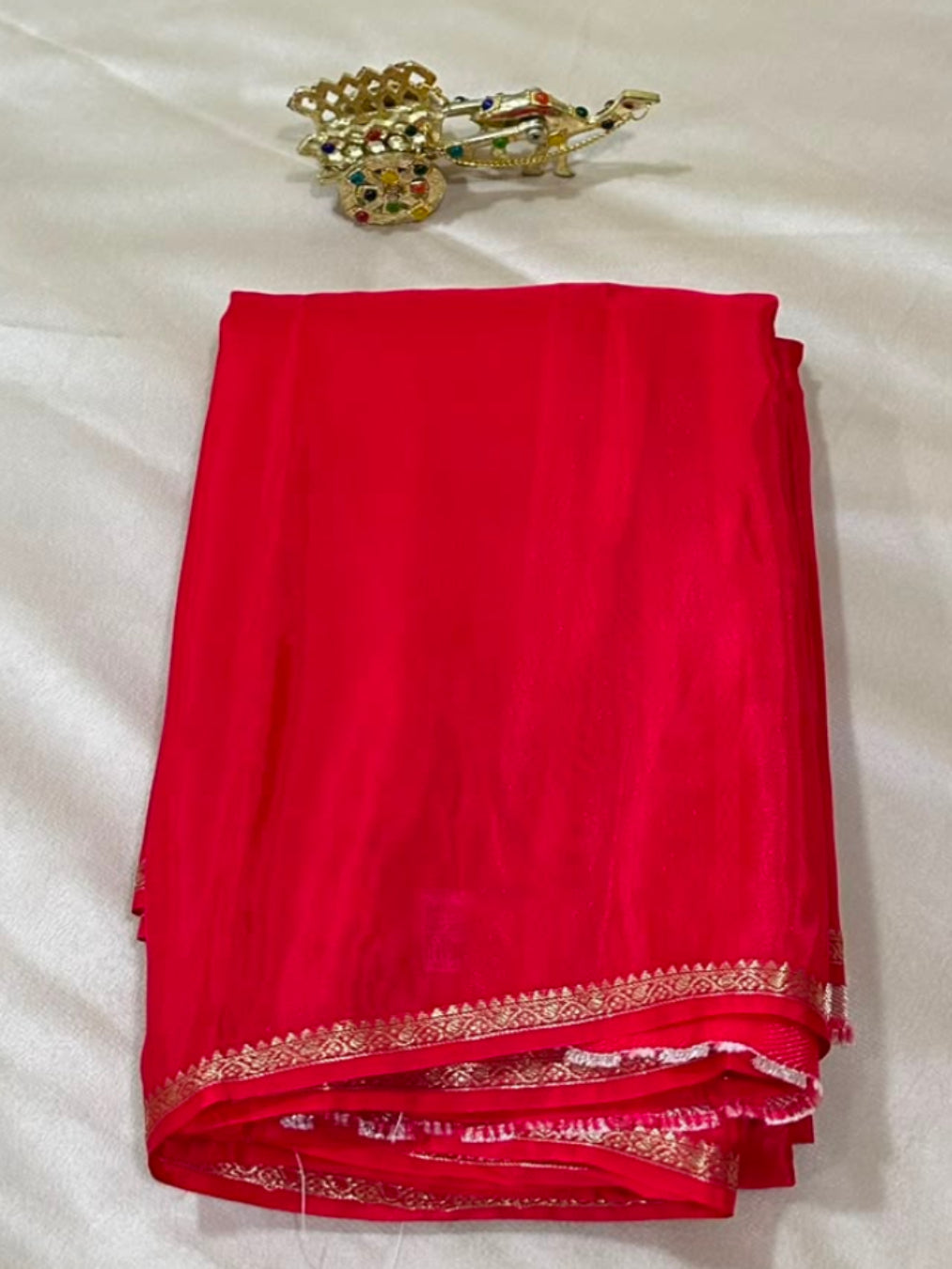 Viscose silk saree Crimson Red with Gold Border | Glow & Glitter Boutique