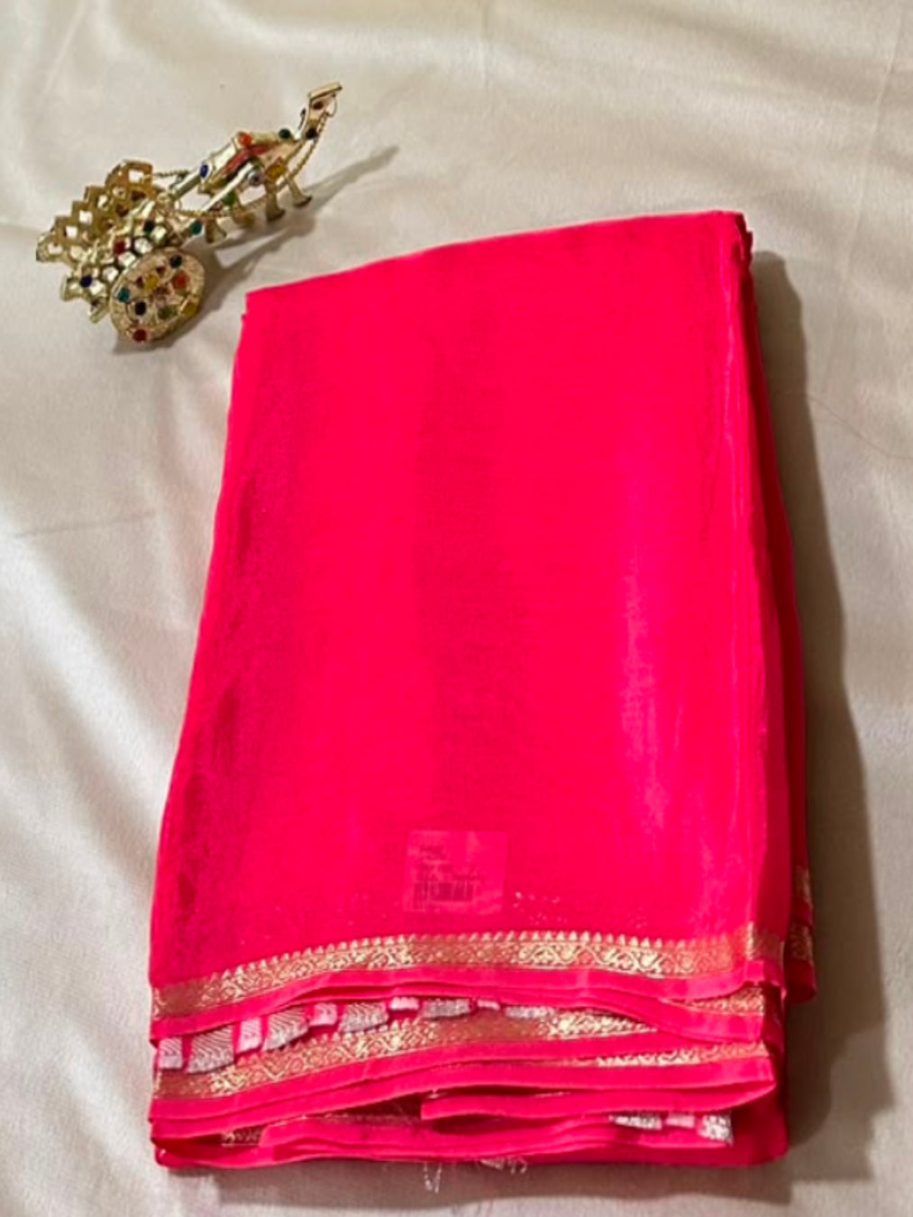 Viscose silk saree Hot Pink with Gold Border | Glow & Glitter Boutique