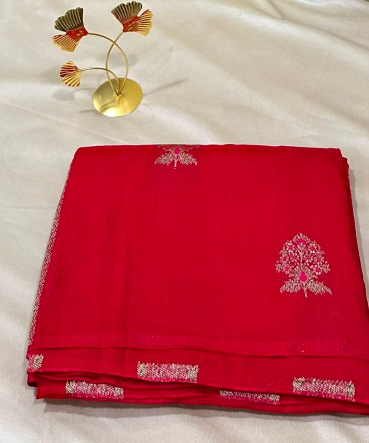 Matka Tussar Silk Cherry Red with Gold Zari Buttas | Glow & Glitter Boutique