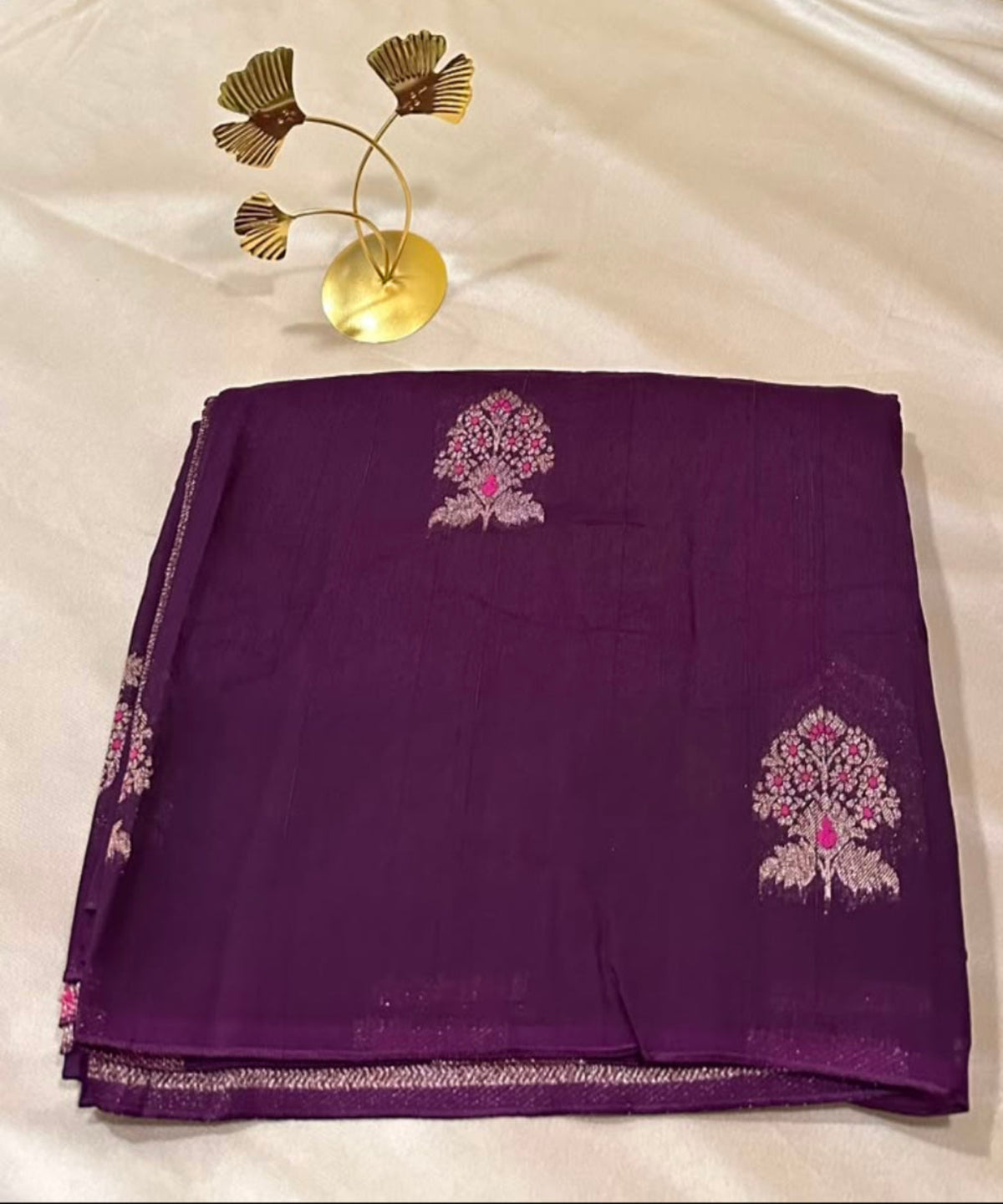 Matka Tussar Silk Plum Purple with Pink Gold Buttas | Glow & Glitter Boutique