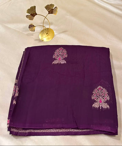 Matka Tussar Silk Plum Purple with Pink Gold Buttas | Glow & Glitter Boutique
