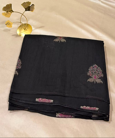 Matka Tussar Silk Black Shade With Pink Gold Buttas | Glow & Glitter Boutique