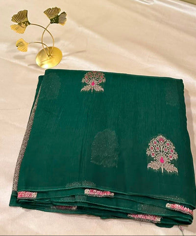 Matka Tussar Silk Bottle Green Shade With Pink Gold Buttas | Glow & Glitter Boutique