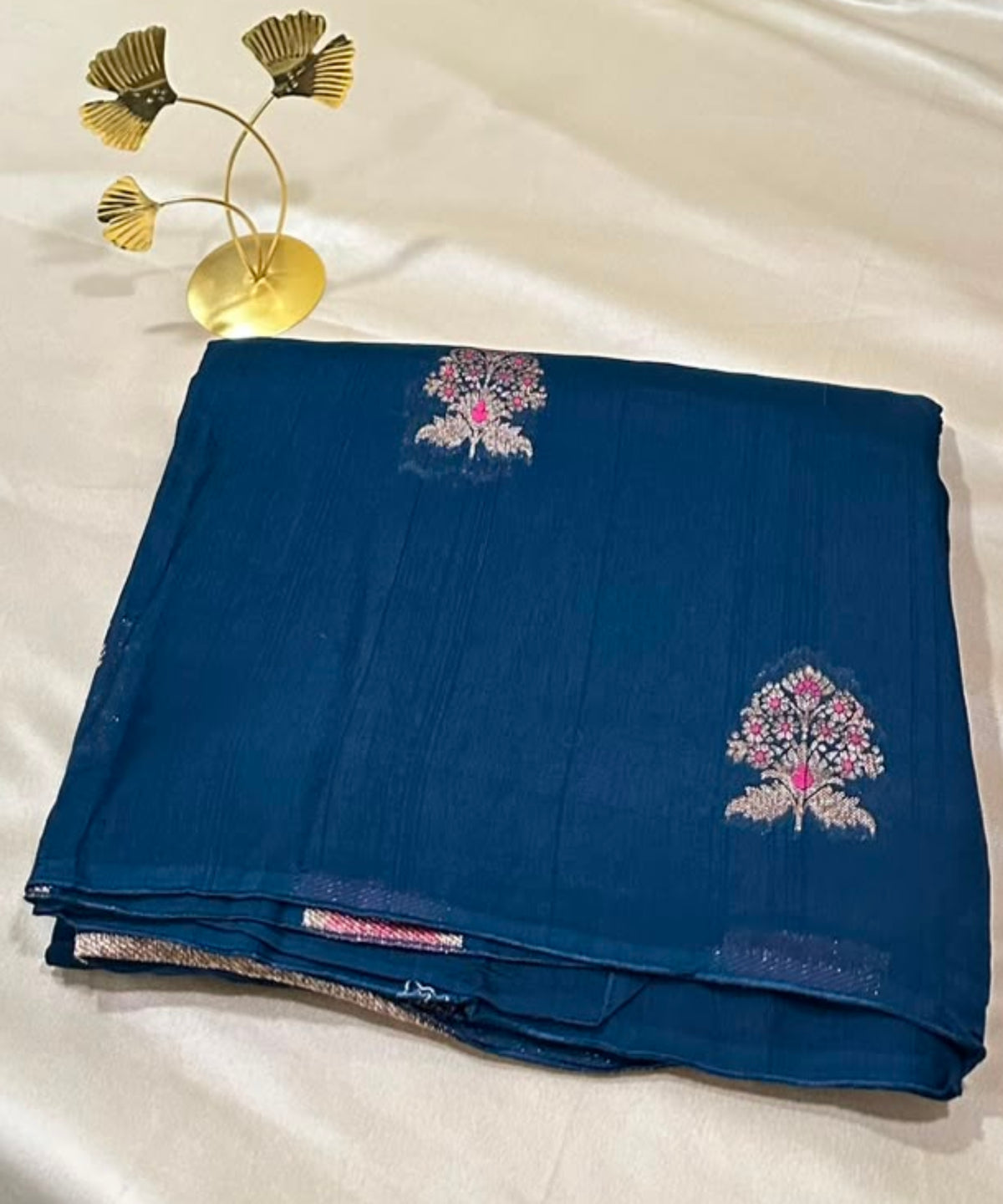 Matka Tussar Silk Steel Blue with Pink Gold Buttas | Gow & Glitter Boutique