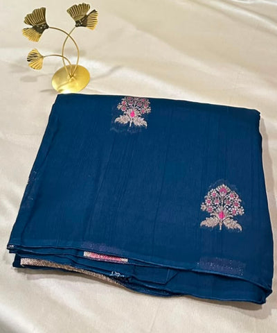Matka Tussar Silk Steel Blue with Pink Gold Buttas | Gow & Glitter Boutique