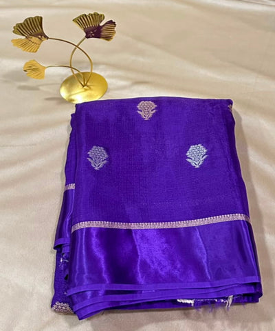 Viscose Khadi Silk Saree Royal Purple with Silver Gold Zari Buttas & Matching Satin Border| Glow & Glitter Boutique