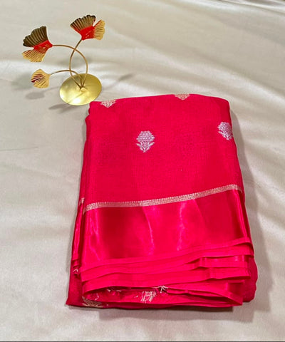 Viscose khadi silk saree Bright Red with Silver Gold Zari Buttas & Matching Satin Border | Glow & Glitter Boutique