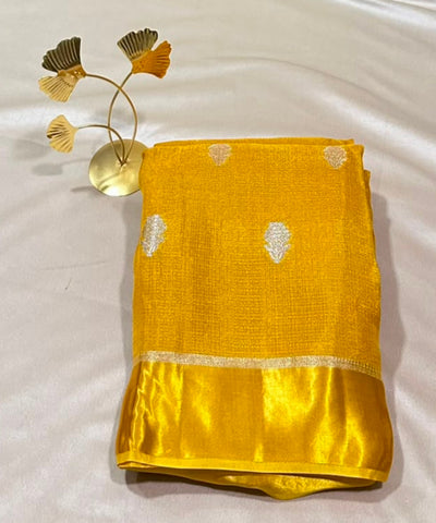 Viscose khadi silk saree Gold Yellow with Silver Gold Zari Buttas & Matching Satin Border | Glow & Glitter boutique