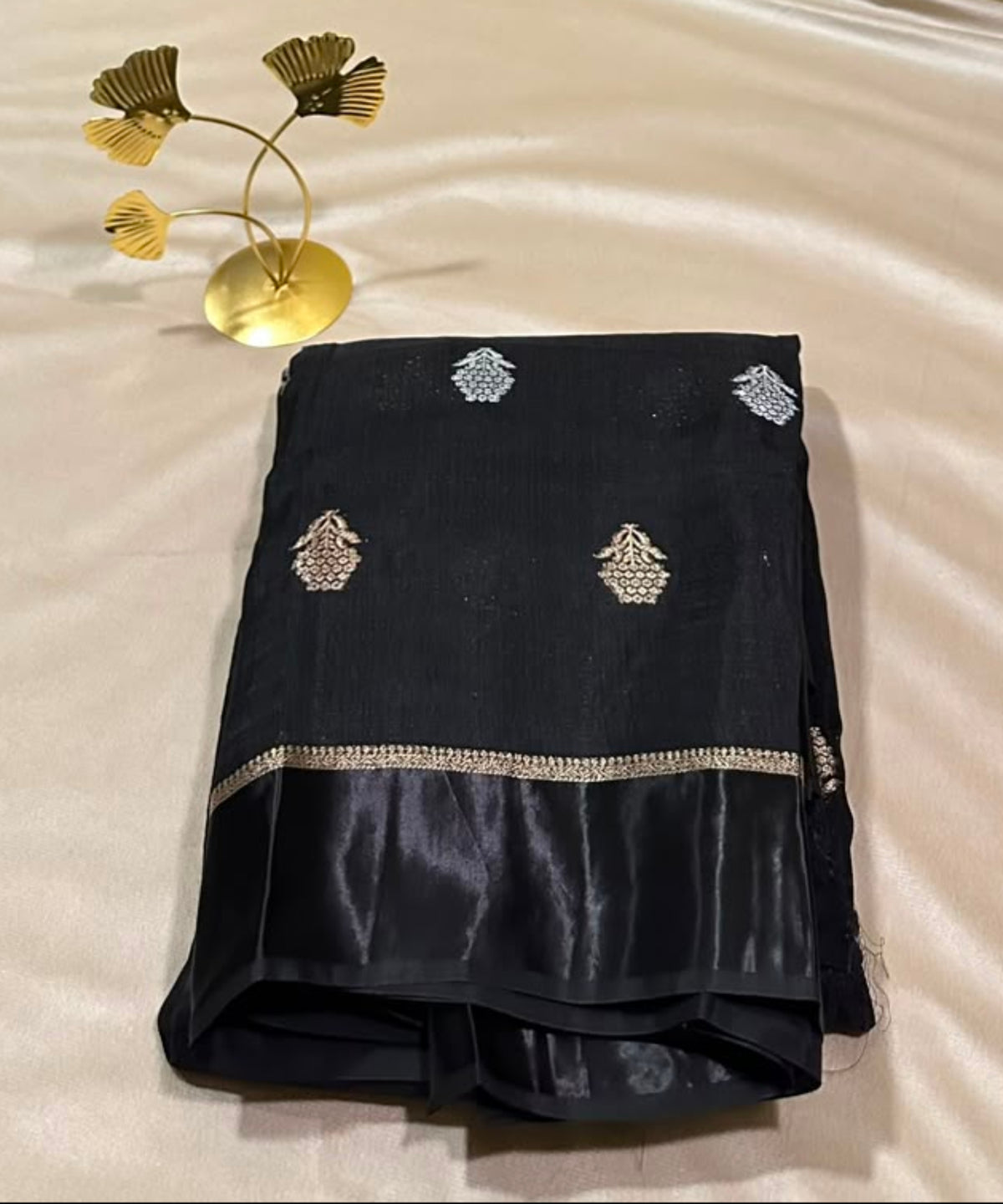 Viscose khadi silk saree Black with Silver & Antique Gold Zari Buttas and Matching Satin Border | Glow & Glitter Boutique