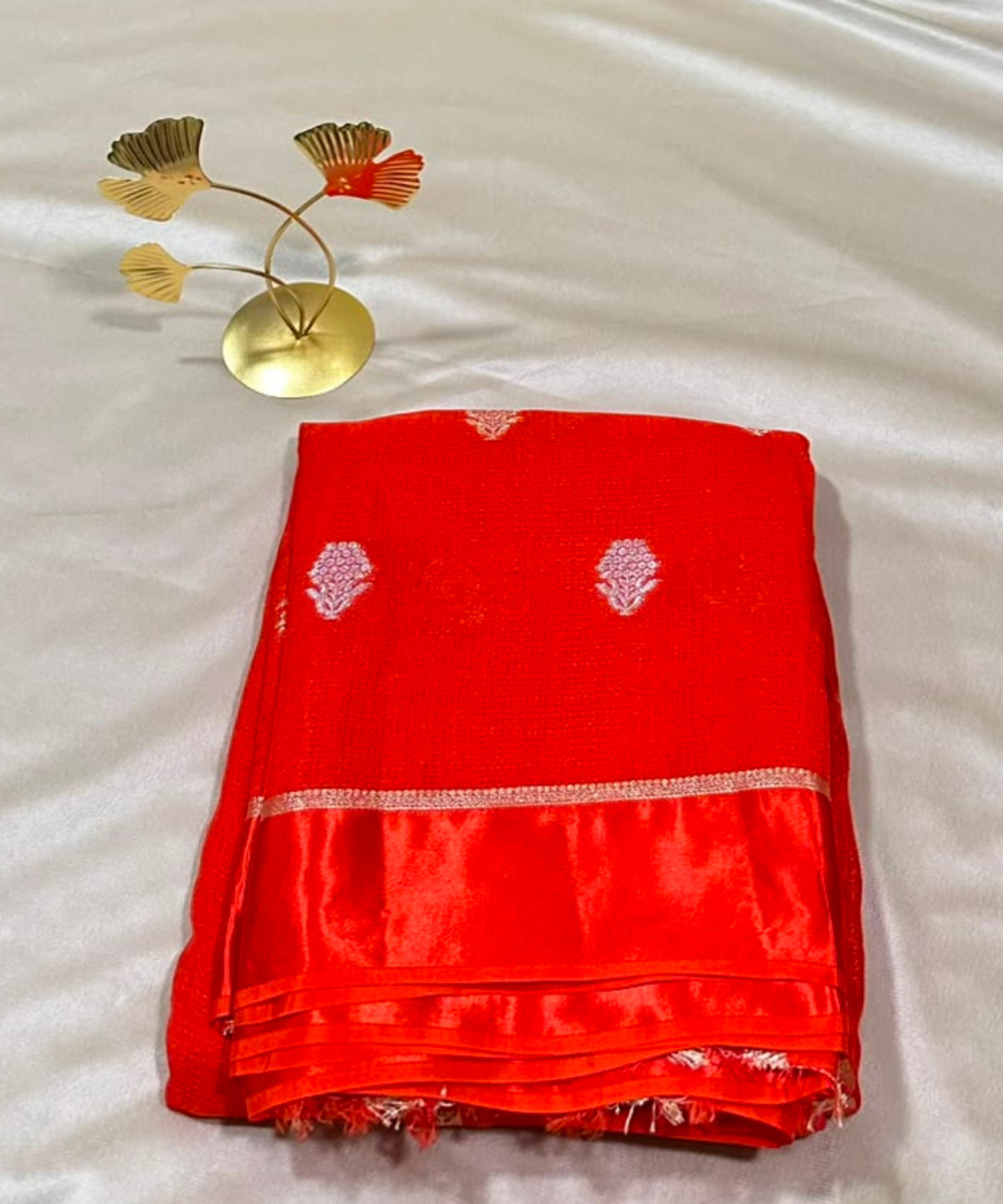 Viscose khadi silk saree Fanta Orange Shade Silver Gold Zari Buttas & Matching Satin Border | Glow & Glitter Boutique