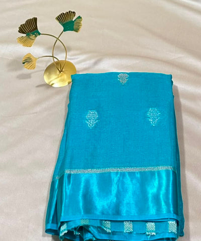 Viscose khadi silk saree Turquoise Blue  Silver Gold Zari Buttas & Matching Satin Border | Glow & Glitter Boutique