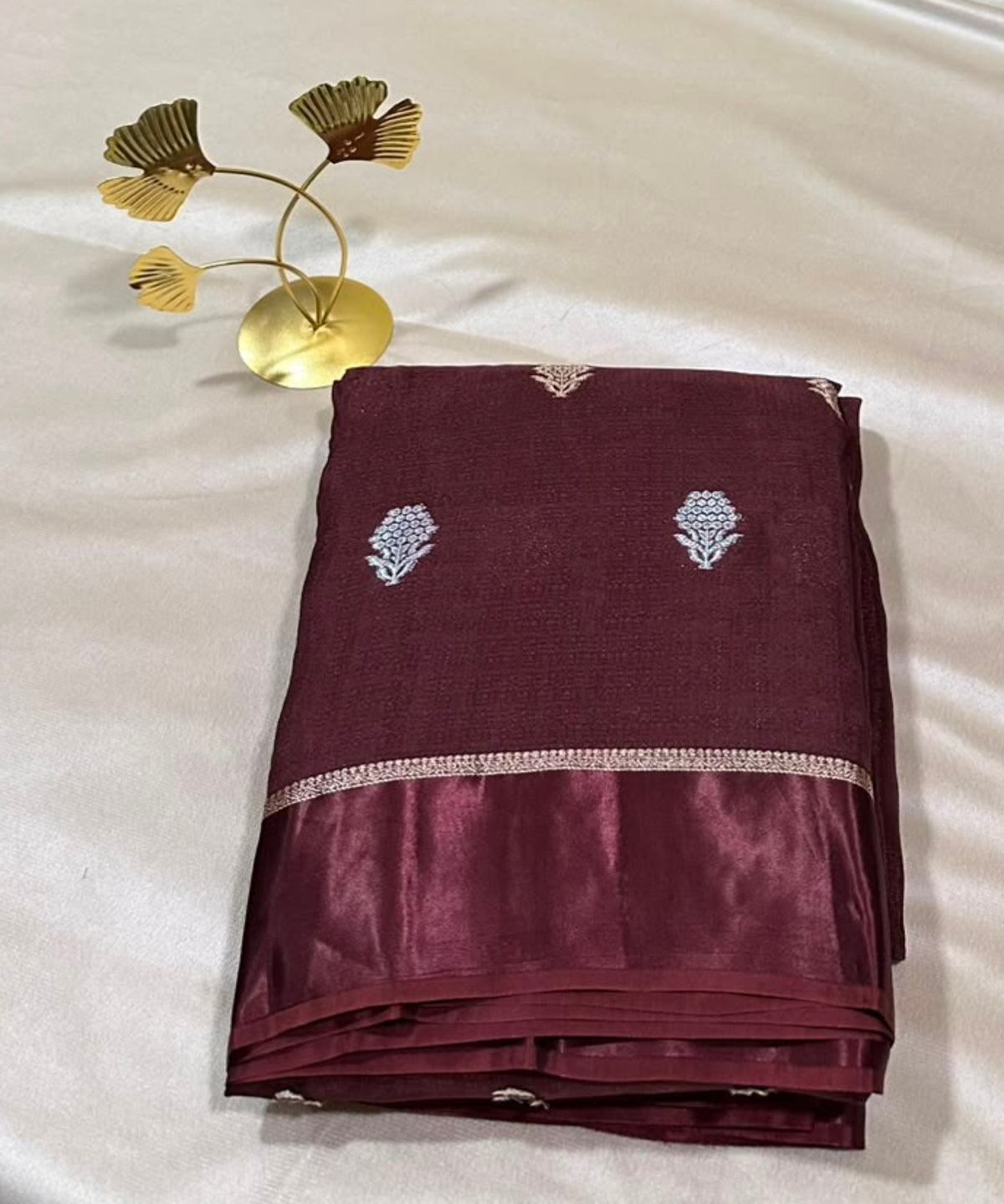 Viscose khadi silk saree Coffee Brown Shade Silver Gold Zari Buttas & Matching Satin Border | Glow & Glitter Boutique