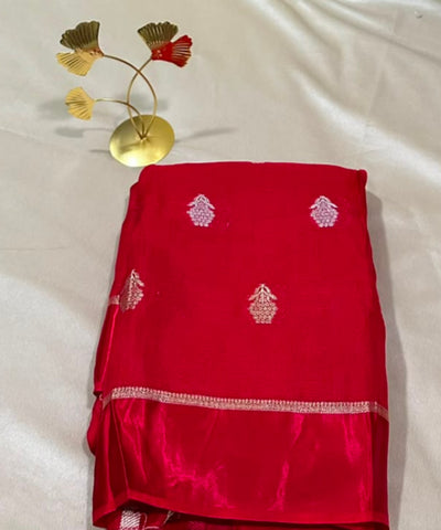 Viscose khadi silk saree Bright Red Shade Silver Gold Zari Buttas & Matching Satin Border | Glow & Glitter Boutique