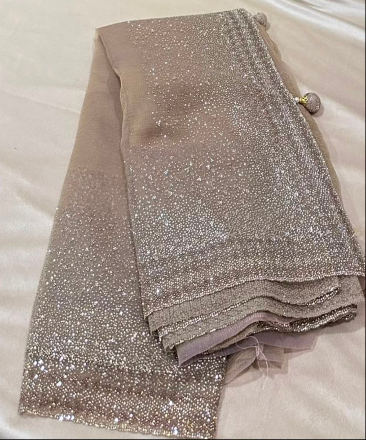 Designer wear silk with designer blouse Premium Chikoo Sparkle Saree with Silver Crystal Border| Glow & Glitter Boutique