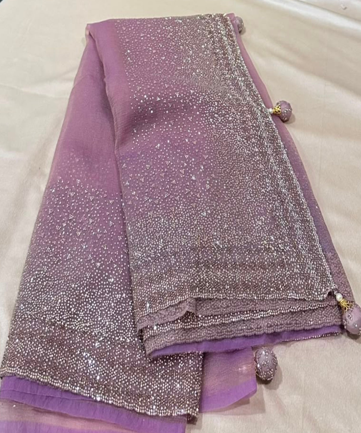 Designer wear silk with designer blouse Premium Lilac Sparkle Saree with Silver Crystal Border | Glow & Glitter Boutique