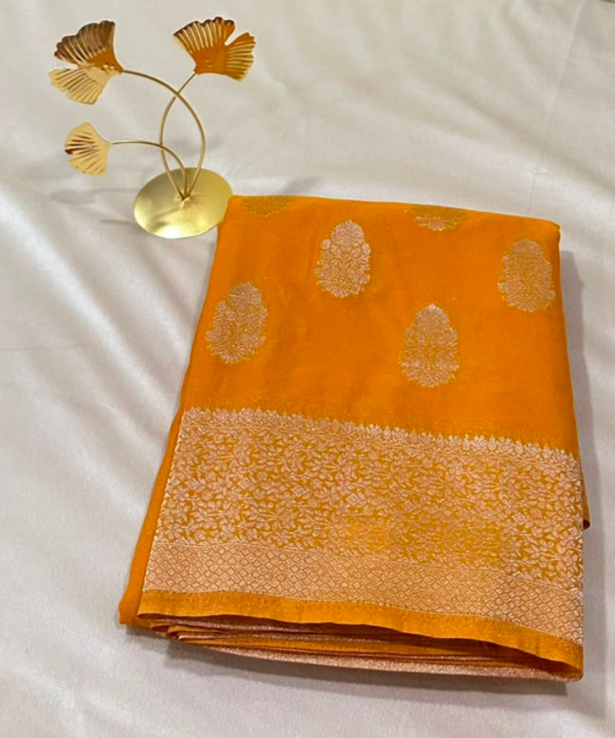 Banaras georgette silk saree Elegant Mustard Yellow with Rich Gold Zari Border | Glow & Glitter Boutique