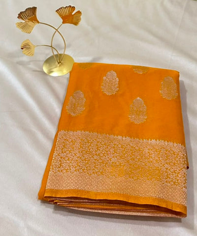 Banaras georgette silk saree Elegant Mustard Yellow with Rich Gold Zari Border | Glow & Glitter Boutique