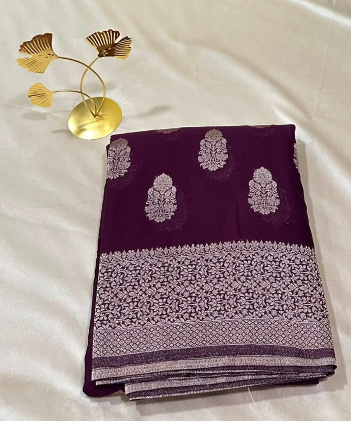 Banaras georgette silk saree Elegant Wine Shade with Rich Gold Zari Border | Glow & Glitter Boutique