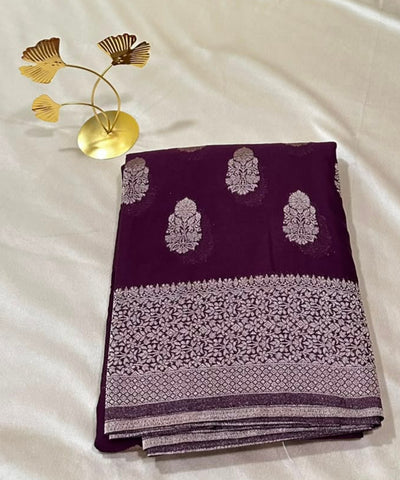 Banaras georgette silk saree Elegant Wine Shade with Rich Gold Zari Border | Glow & Glitter Boutique