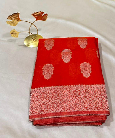 Banaras georgette silk sareeElegant Burnt Orange with Rich Silver Zari Border | Glow & Glitter Boutique