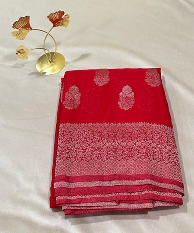 Banaras georgette silk saree Elegant Bright Red with Rich Silver Zari Border | Glow & Glitter Boutique
