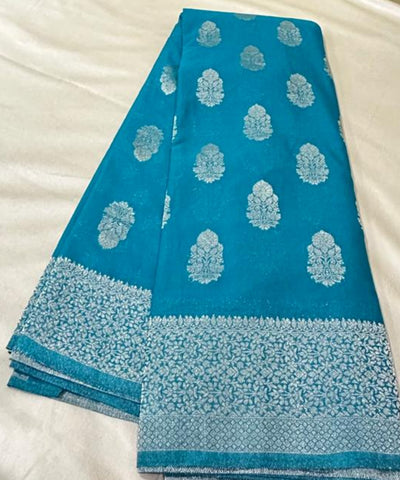 Banaras georgette silk saree Elegant Turquoise Blue with Rich Silver Zari Border | Glow & Glitter Boutique
