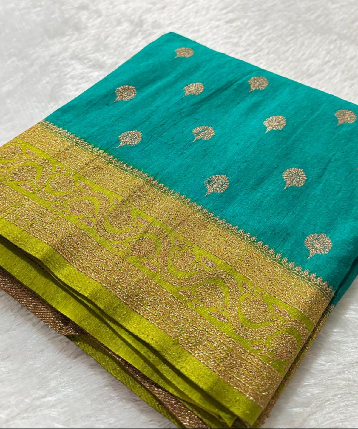 Tussar Silk Saree Aqua Blue Green with Parrot Green & Rich Gold Zari Border | Glow & Glitter Boutique