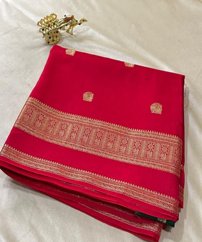 Viscose silk saree Cherry Red Shade With Rich Gold Zari Border | Glow & Glitter Boutique