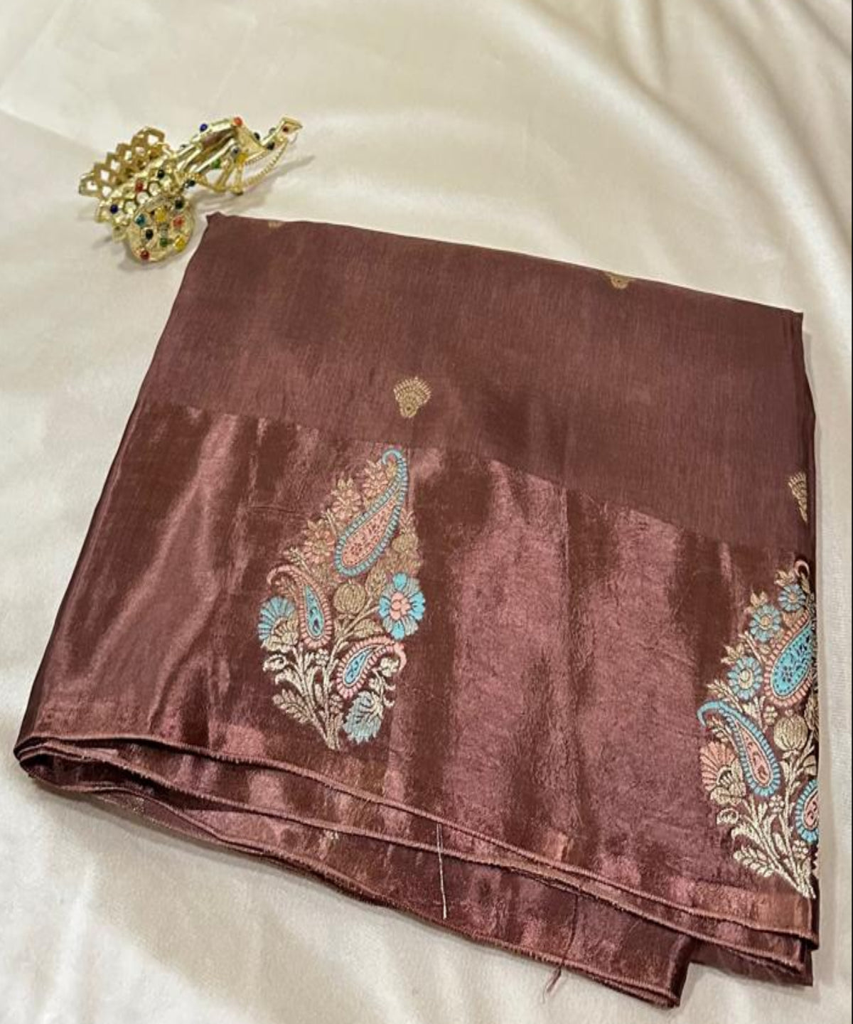 Viscose silk saree with Meena borders Dark Coco Brown Shade With Satin Border | Glow & Glitter Boutique