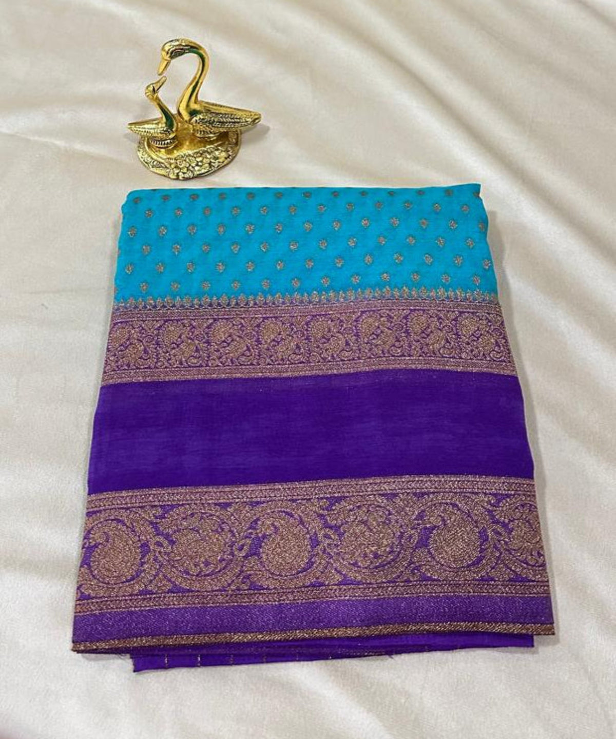 Banaras georgette silk saree Ice Aqua Blue Saree with Royal Purple Zari Border | Glow & Glitter Boutique