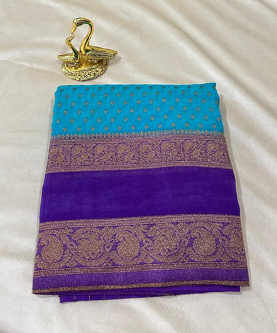 Banaras georgette silk saree Ice Aqua Blue Saree with Royal Purple Zari Border | Glow & Glitter Boutique