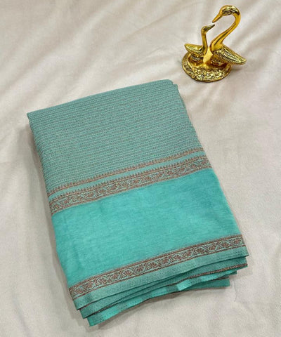 Banaras silk saree Pastel Green Tint with Gold Zari Border | Glow & Glitter Boutique