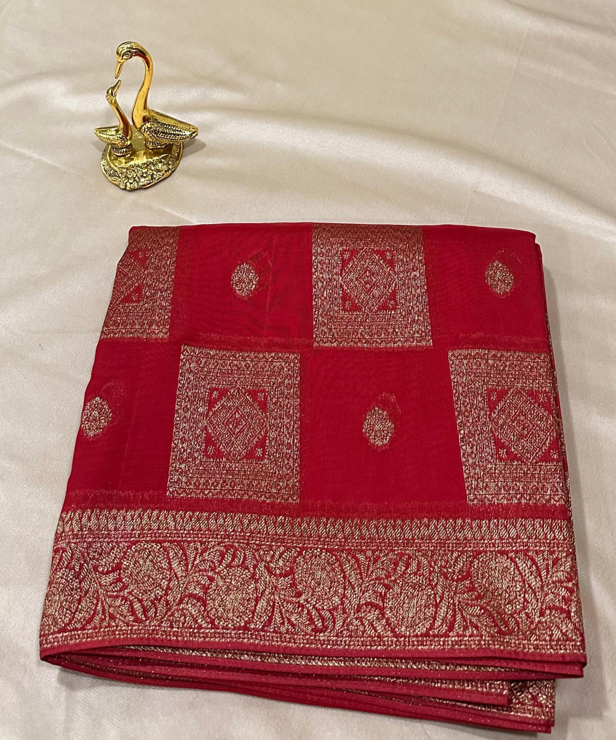 Matka Tussar silk Cherry Red Shade with Gold Zari Border | Glow & Glitter Boutique