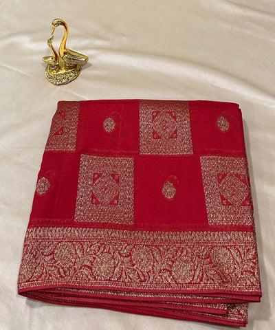 Matka Tussar silk Cherry Red Shade with Gold Zari Border | Glow & Glitter Boutique