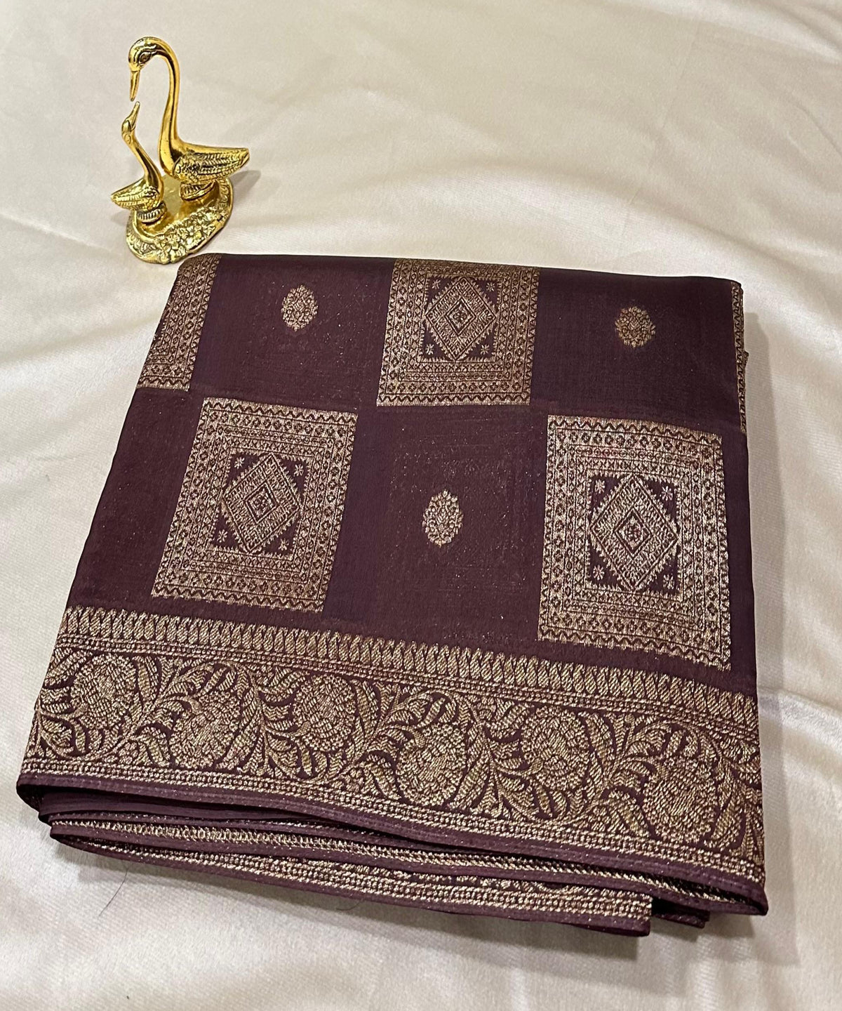 Matka Tussar silk Coco Chocolate Brown Shade With Gold Zari Border | Glow & Glitter Boutique