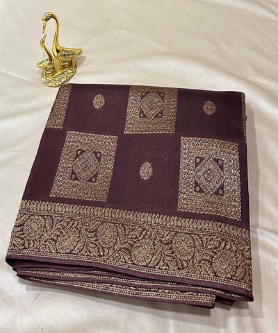 Matka Tussar silk Coco Chocolate Brown Shade With Gold Zari Border | Glow & Glitter Boutique