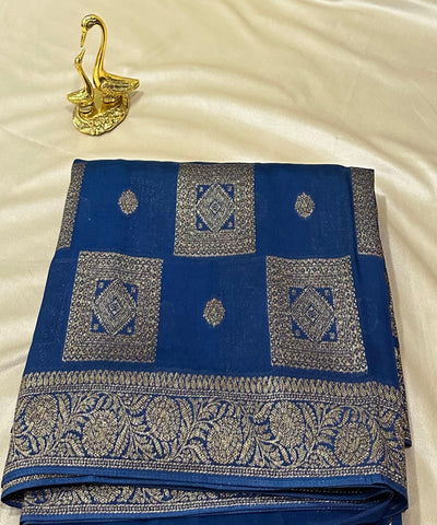 Matka Tussar silk Royal Blue with Gold Zari Border | Glow & Glitter Boutique