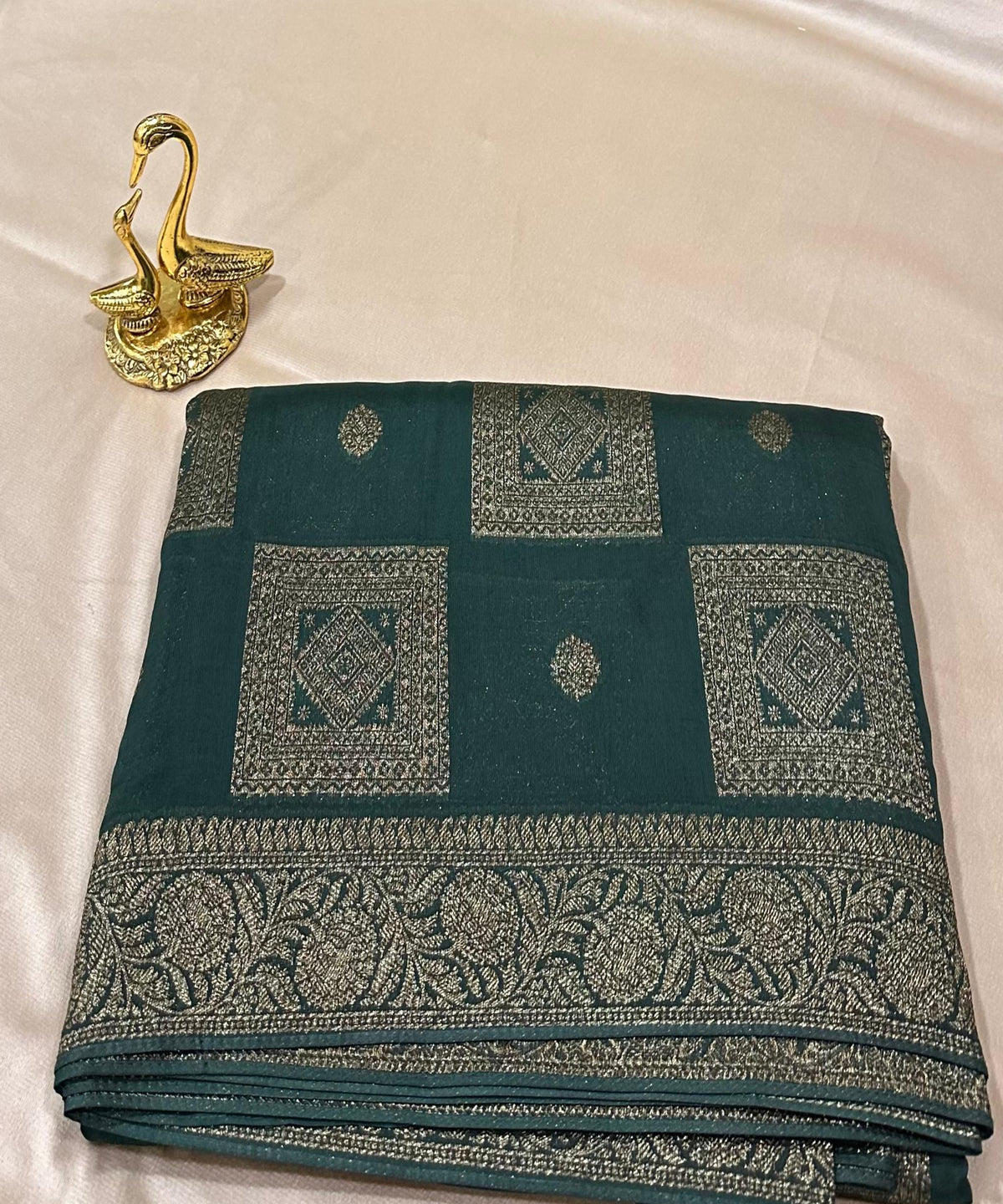 Matka Tussar silk Emerald Green Shade with Gold Zari Border | Glow & Glitter Boutique